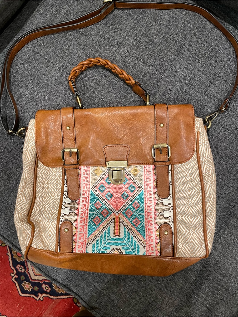 Boho Embroidered Satchel with Brown Leather Trim